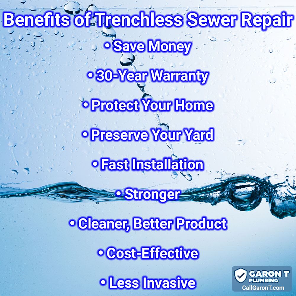 Benefits of Trenchless Sewer Repair Image: Water bubbling with text that reads save money, 30-year warranty, protect your home, preserve your yard, fast installation, stronger, cleaner and better product, cost-effective, less invasive.