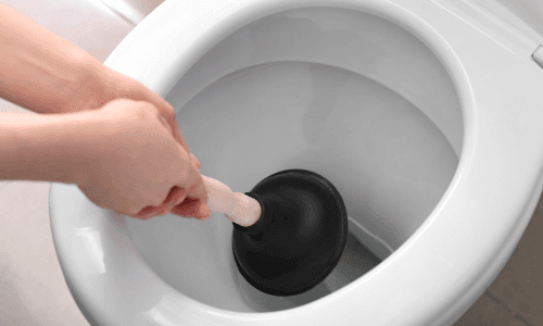 person plunging a toilet